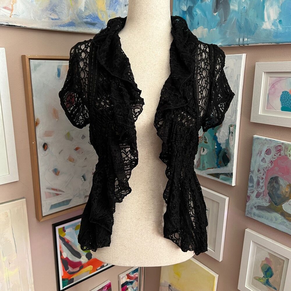 Whimsygoth Daytrip Black Lace Blouse Sheer Ruffle Festival Top Size L Layered